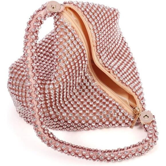 Purse Bling Evening Bag Rose Gold Clutch Rhinestone Triangle Women's Wedding - Picture 7 of 8